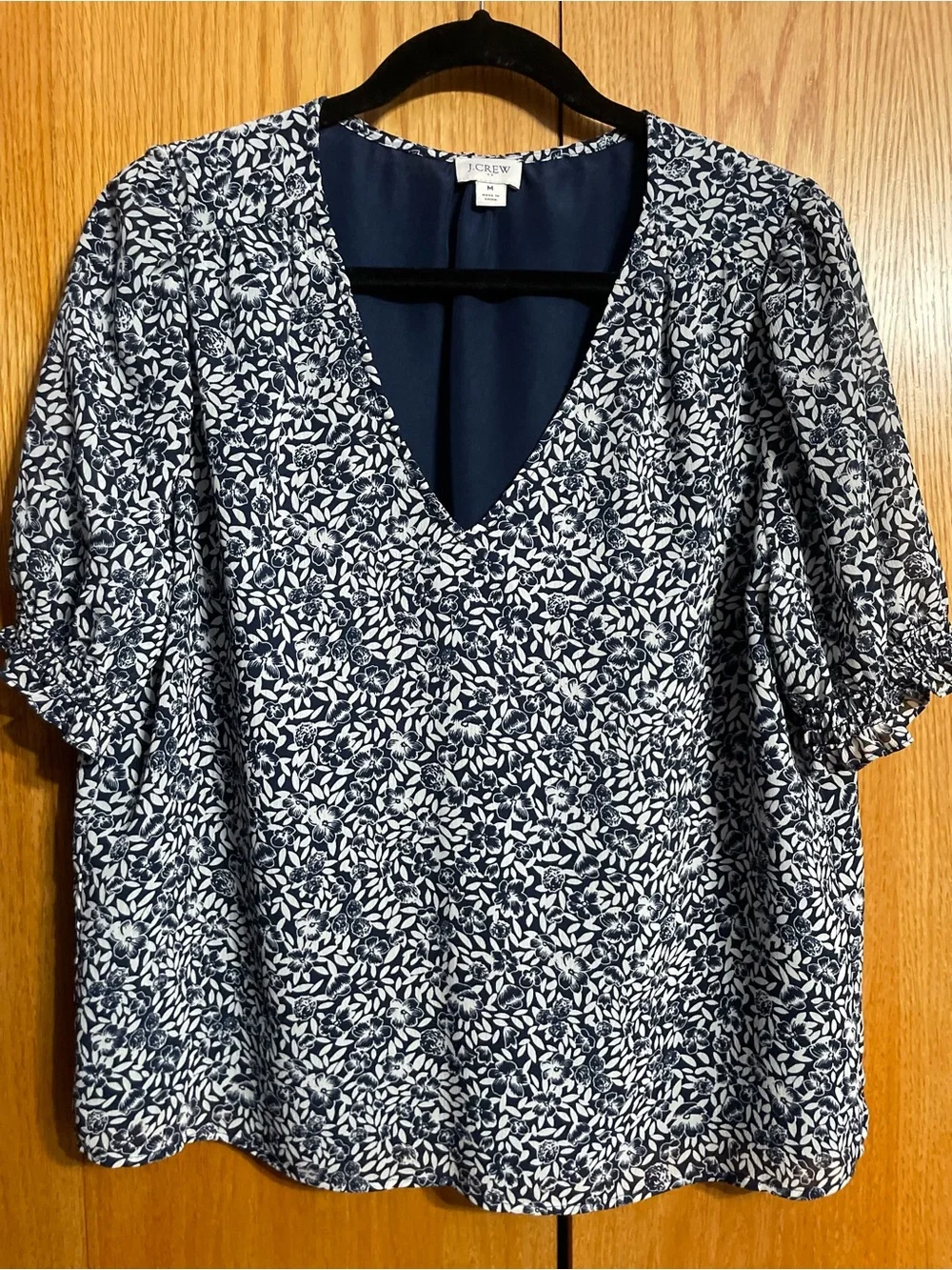 J. Crew Navy and White Floral V-Neck Blouse